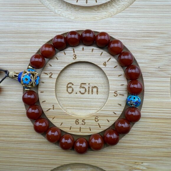 Red Agate Beaded Bracelet With Cloisonné Enamel & Adjustable Knot Closure - Picture 6 of 6